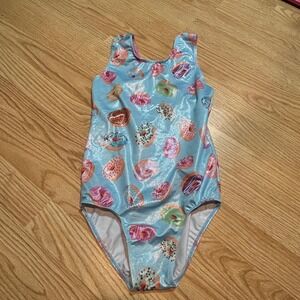 Girls Blue Metallic Donut Print Gymnastics Leotard Pink Racerback Keyhole Cutout